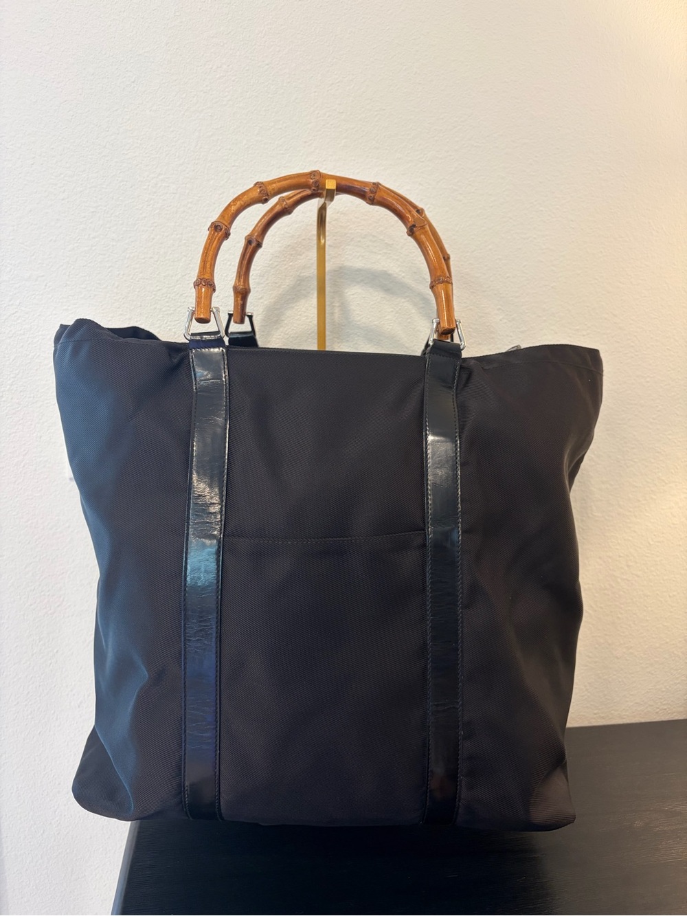 Vintage Gucci Black Bamboo-Handle Nylon Tote Bag
